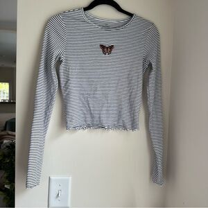 Hollister lettuce edge long sleeve black and white striped shirt with butterfly
